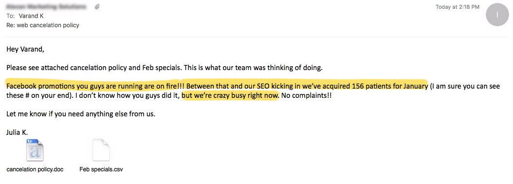 Positive feedback from medical spa